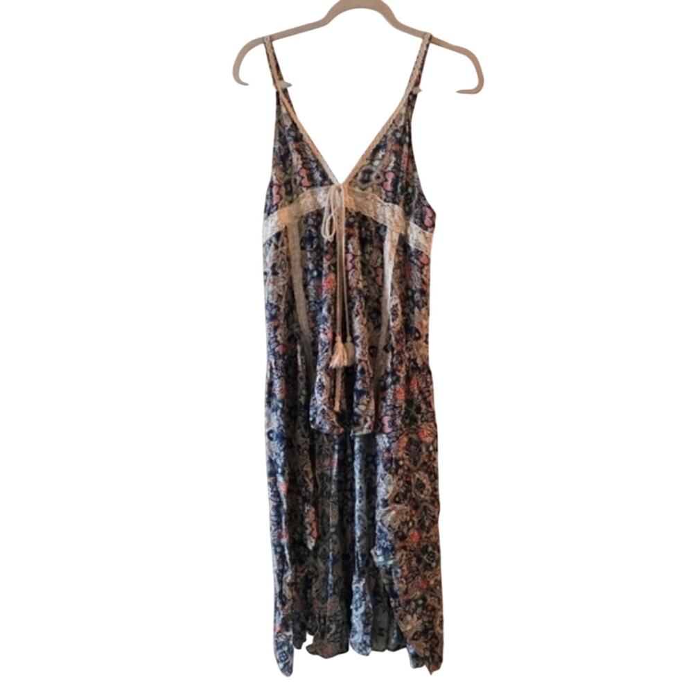 Umgee Floral Boho Lace Trim Cascading Tank Top Hi Low Gypsie Blouse Geometric L